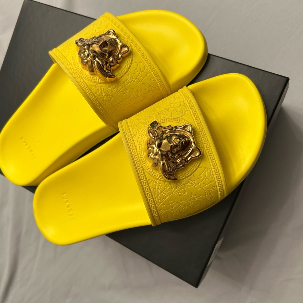 Versace Sunset Yellow Slides with Gold Accent